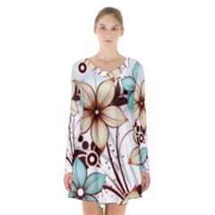 Flowers Flowers Pattern Long Sleeve Velvet V-neck Dress