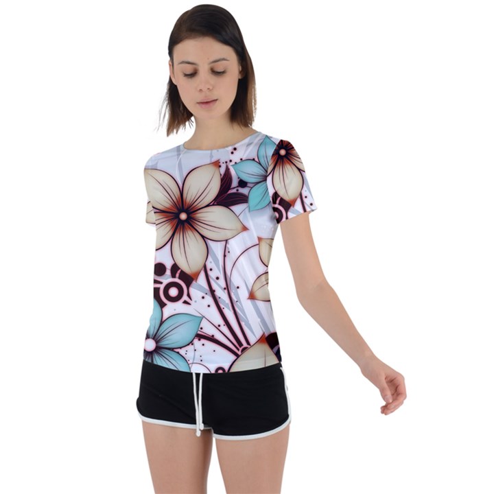 Flowers Flowers Pattern Back Circle Cutout Sports T-Shirt