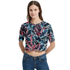 Leaves Pattern Patterns Colorful Women s Round Neck Short Sleeve Crop Top