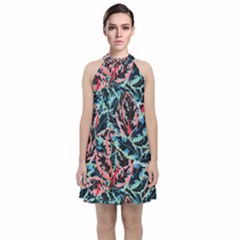 Leaves Pattern Patterns Colorful Velvet Halter Neckline Dress 