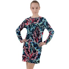 Leaves Pattern Patterns Colorful Long Sleeve Hoodie Dress by Posterlux