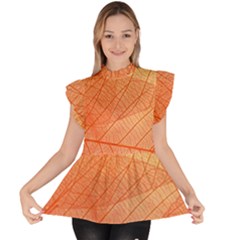 Abstract Texture Of Colorful Bright Pattern Of Transparent Leaves Of Orange And Yellow Color Ruffle Collar Short Sleeve Chiffon Top by Posterlux