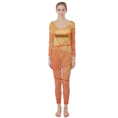 Abstract Texture Of Colorful Bright Pattern Of Transparent Leaves Of Orange And Yellow Color Long Sleeve Catsuit