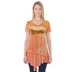 Abstract Texture Of Colorful Bright Pattern Of Transparent Leaves Of Orange And Yellow Color Short Sleeve Tunic 