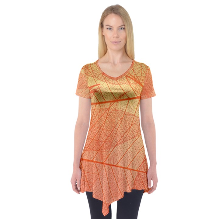 Abstract Texture Of Colorful Bright Pattern Of Transparent Leaves Of Orange And Yellow Color Short Sleeve Tunic 