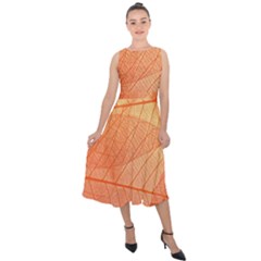 Abstract Texture Of Colorful Bright Pattern Of Transparent Leaves Of Orange And Yellow Color Midi Tie-back Chiffon Dress