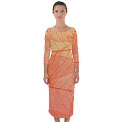 Abstract Texture Of Colorful Bright Pattern Of Transparent Leaves Of Orange And Yellow Color Quarter Sleeve Midi Bodycon Dress