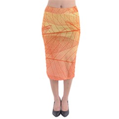 Abstract Texture Of Colorful Bright Pattern Of Transparent Leaves Of Orange And Yellow Color Midi Pencil Skirt