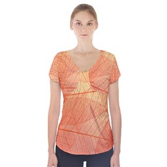 Abstract Texture Of Colorful Bright Pattern Of Transparent Leaves Of Orange And Yellow Color Short Sleeve Front Detail Top