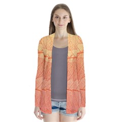 Abstract Texture Of Colorful Bright Pattern Of Transparent Leaves Of Orange And Yellow Color Drape Collar Cardigan