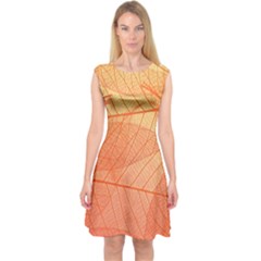 Abstract Texture Of Colorful Bright Pattern Of Transparent Leaves Of Orange And Yellow Color Capsleeve Midi Dress