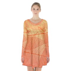 Abstract Texture Of Colorful Bright Pattern Of Transparent Leaves Of Orange And Yellow Color Long Sleeve Velvet V-neck Dress