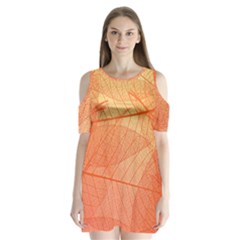 Abstract Texture Of Colorful Bright Pattern Of Transparent Leaves Of Orange And Yellow Color Shoulder Cutout Velvet One Piece