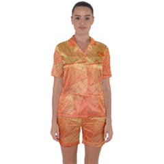 Abstract Texture Of Colorful Bright Pattern Of Transparent Leaves Of Orange And Yellow Color Satin Short Sleeve Pajamas Set by Posterlux