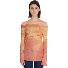 Abstract Texture Of Colorful Bright Pattern Of Transparent Leaves Of Orange And Yellow Color Off Shoulder Long Sleeve Top by Posterlux