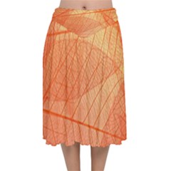 Abstract Texture Of Colorful Bright Pattern Of Transparent Leaves Of Orange And Yellow Color Velvet Flared Midi Skirt