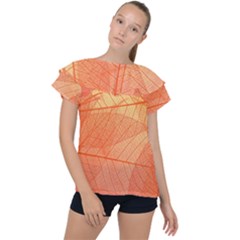 Abstract Texture Of Colorful Bright Pattern Of Transparent Leaves Of Orange And Yellow Color Ruffle Collar Chiffon Blouse