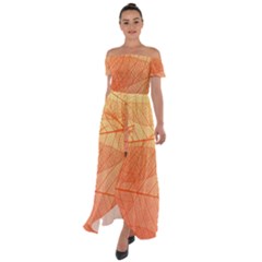 Abstract Texture Of Colorful Bright Pattern Of Transparent Leaves Of Orange And Yellow Color Off Shoulder Open Front Chiffon Dress