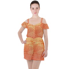 Abstract Texture Of Colorful Bright Pattern Of Transparent Leaves Of Orange And Yellow Color Ruffle Cut Out Chiffon Playsuit