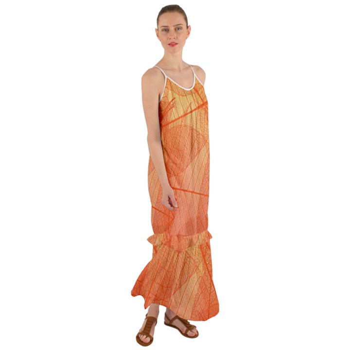 Abstract Texture Of Colorful Bright Pattern Of Transparent Leaves Of Orange And Yellow Color Cami Maxi Ruffle Chiffon Dress