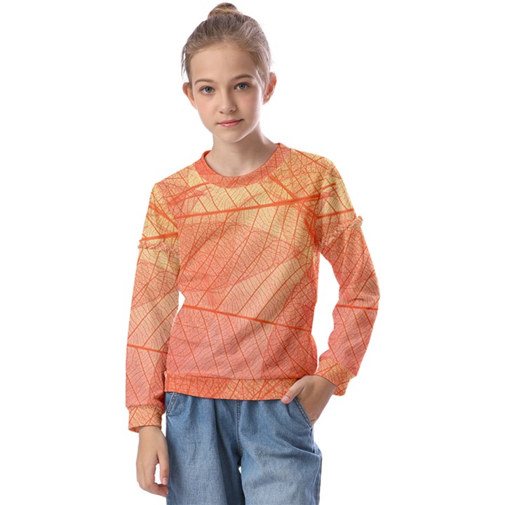 Abstract Texture Of Colorful Bright Pattern Of Transparent Leaves Of Orange And Yellow Color Kids  Long Sleeve T-Shirt with Frill 