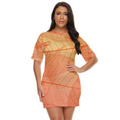 Abstract Texture Of Colorful Bright Pattern Of Transparent Leaves Of Orange And Yellow Color Just Threw It On Dress