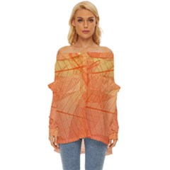 Abstract Texture Of Colorful Bright Pattern Of Transparent Leaves Of Orange And Yellow Color Off Shoulder Chiffon Pocket Shirt