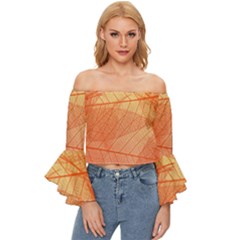 Abstract Texture Of Colorful Bright Pattern Of Transparent Leaves Of Orange And Yellow Color Off Shoulder Flutter Bell Sleeve Top