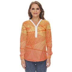 Abstract Texture Of Colorful Bright Pattern Of Transparent Leaves Of Orange And Yellow Color Zip Up Long Sleeve Blouse