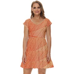 Abstract Texture Of Colorful Bright Pattern Of Transparent Leaves Of Orange And Yellow Color Short Sleeve Tiered Mini Dress