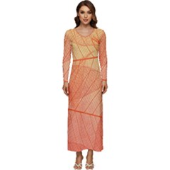 Abstract Texture Of Colorful Bright Pattern Of Transparent Leaves Of Orange And Yellow Color Long Sleeve Longline Maxi Dress