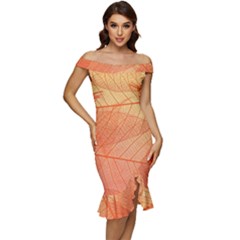 Abstract Texture Of Colorful Bright Pattern Of Transparent Leaves Of Orange And Yellow Color Off Shoulder Ruffle Split Hem Bodycon Dress