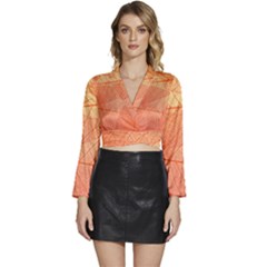 Abstract Texture Of Colorful Bright Pattern Of Transparent Leaves Of Orange And Yellow Color Long Sleeve Tie Back Satin Wrap Top