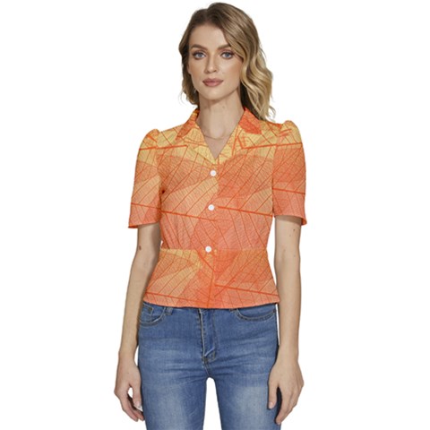 Abstract Texture Of Colorful Bright Pattern Of Transparent Leaves Of Orange And Yellow Color Puffed Short Sleeve Button Up Jacket by Posterlux