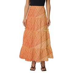 Abstract Texture Of Colorful Bright Pattern Of Transparent Leaves Of Orange And Yellow Color Tiered Ruffle Maxi Skirt