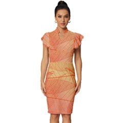 Abstract Texture Of Colorful Bright Pattern Of Transparent Leaves Of Orange And Yellow Color Vintage Frill Sleeve V-neck Bodycon Dress