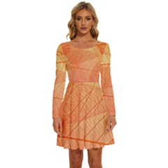 Abstract Texture Of Colorful Bright Pattern Of Transparent Leaves Of Orange And Yellow Color Long Sleeve Wide Neck Velvet Dress