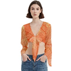 Abstract Texture Of Colorful Bright Pattern Of Transparent Leaves Of Orange And Yellow Color Trumpet Sleeve Cropped Top