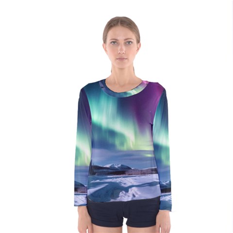 Northern Lights Aurora Night Nature Women s Long Sleeve T-shirt by Posterlux