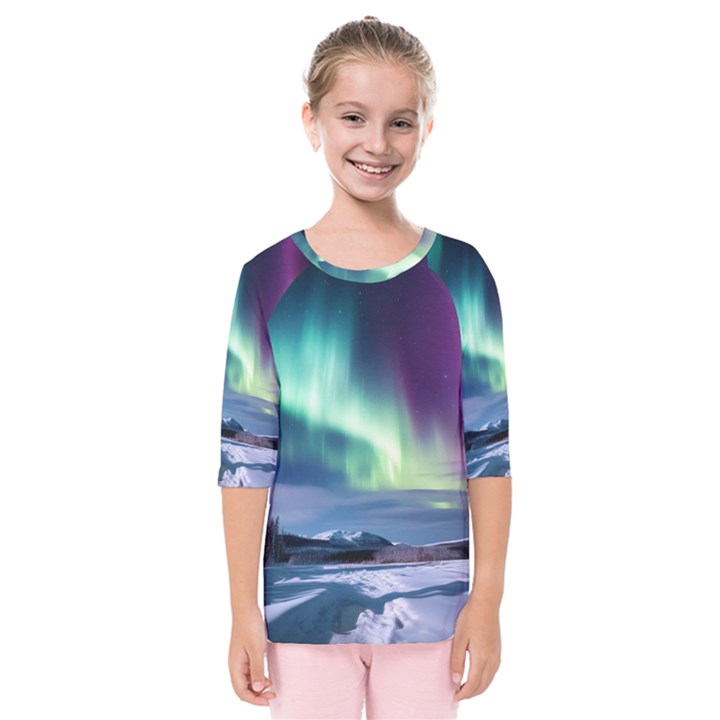 Northern Lights Aurora Night Nature Kids  Quarter Sleeve Raglan T-Shirt