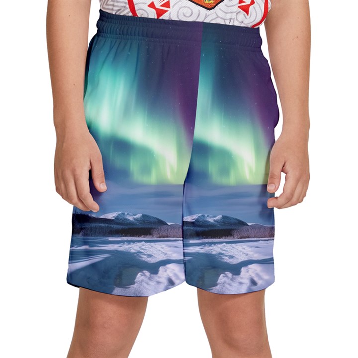 Northern Lights Aurora Night Nature Kids  Basketball Shorts