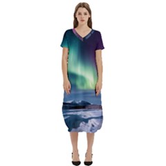 Northern Lights Aurora Night Nature T-shirt Midi Dress With Pockets