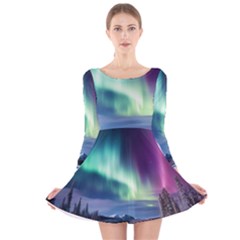 Northern Lights Aurora Night Nature Long Sleeve Velvet Skater Dress