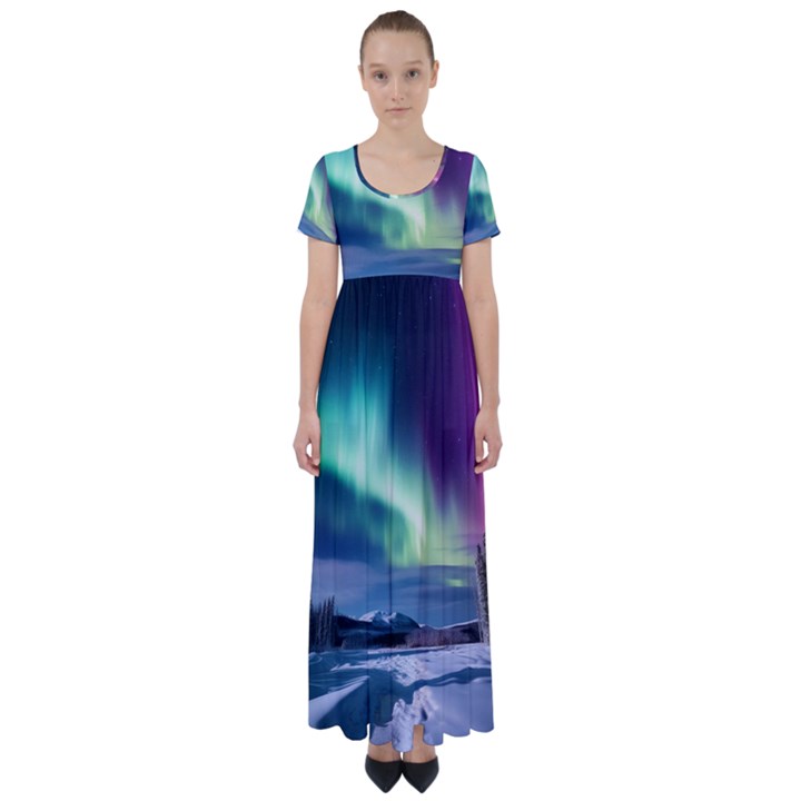 Northern Lights Aurora Night Nature High Waist Short Sleeve Maxi Dress