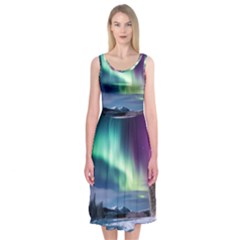 Northern Lights Aurora Night Nature Midi Sleeveless Dress