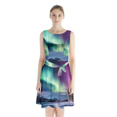 Northern Lights Aurora Night Nature Sleeveless Waist Tie Chiffon Dress