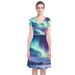 Northern Lights Aurora Night Nature Short Sleeve Front Wrap Dress