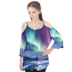 Northern Lights Aurora Night Nature Flutter Sleeve T-shirt