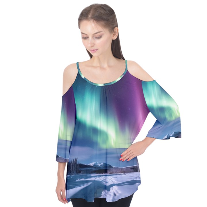 Northern Lights Aurora Night Nature Flutter Sleeve T-Shirt