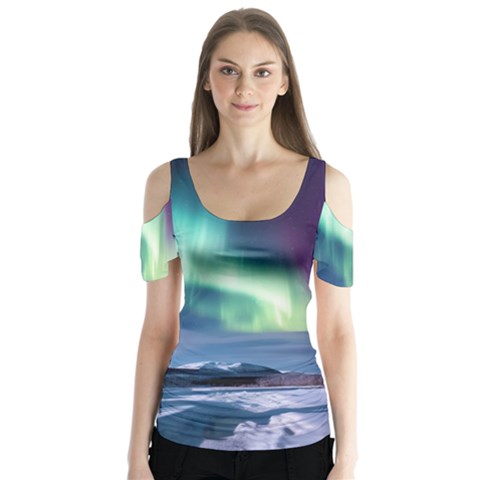 Northern Lights Aurora Night Nature Butterfly Sleeve Cutout T-shirt  by Posterlux